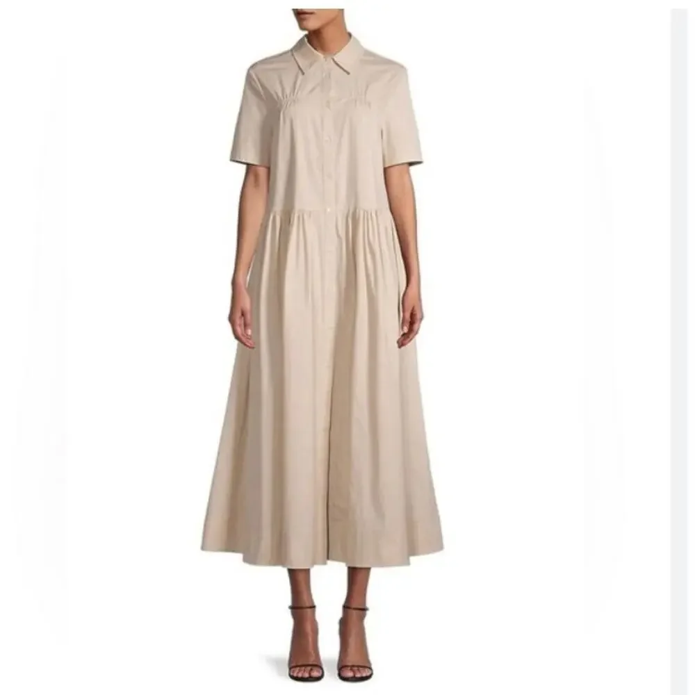 Staud Guilia Shirt Dress Ruched Gather Waist Midi Tan Cream Biscotti Collar S